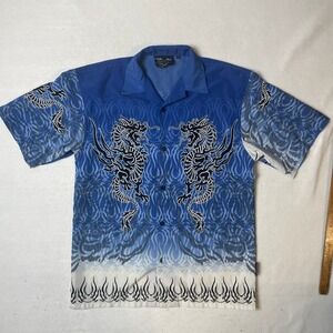 Mecca Dragon Graphic Button Up Shirt Mens Short Sleeve Blue Small Retro